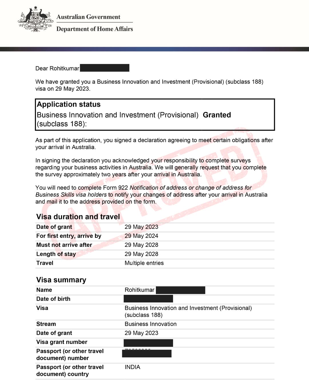 Australia Visa Grant Letter