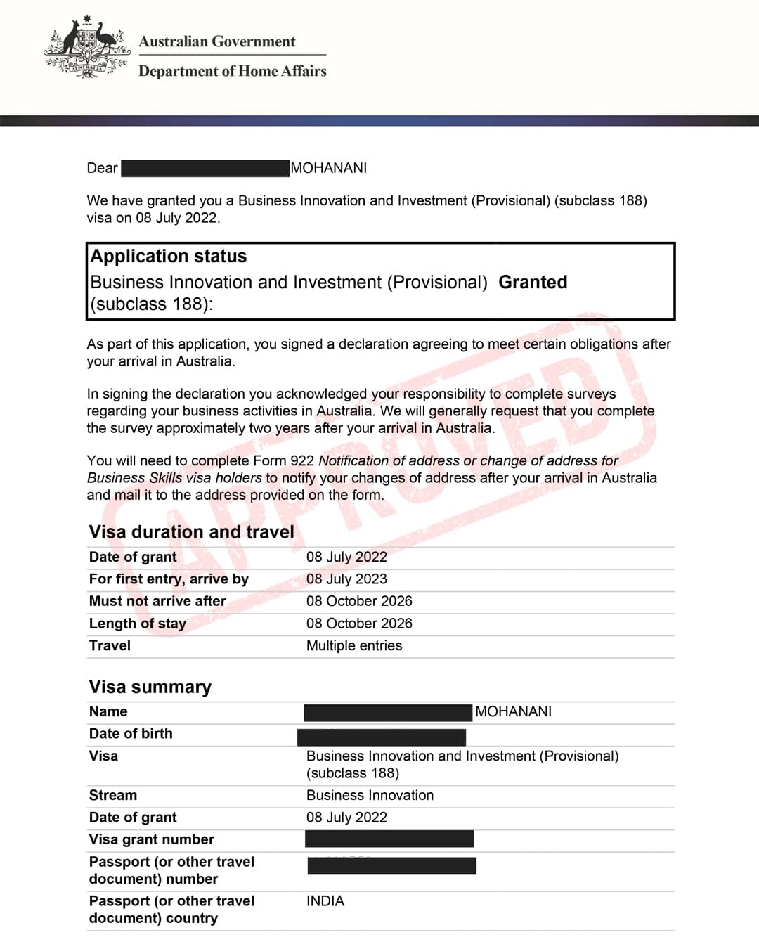 Australia Visa Grant Letter