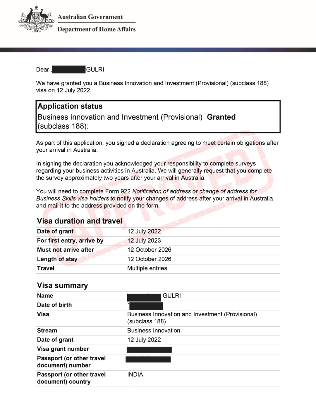 Australia Visa Grant Letter