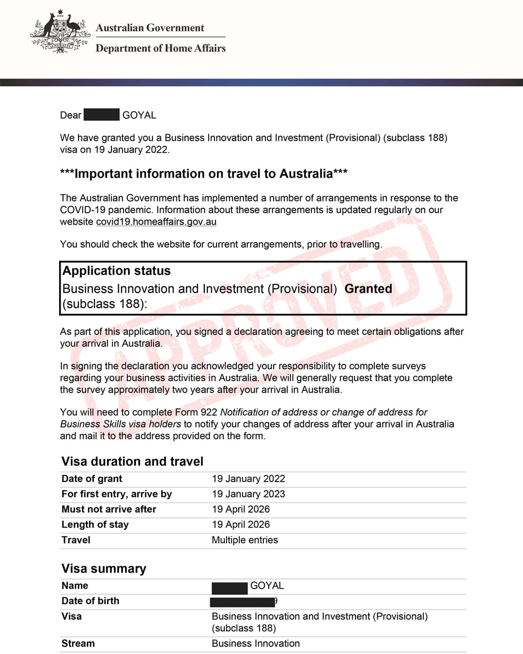 Australia Visa Grant Letter
