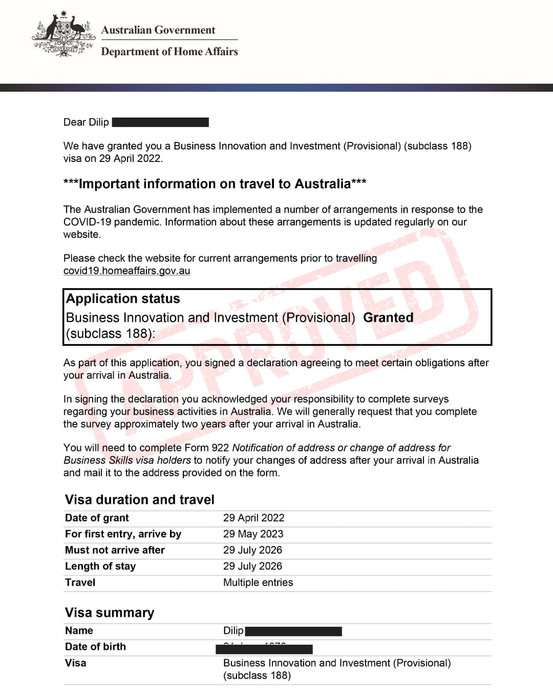 Australia Visa Grant Letter