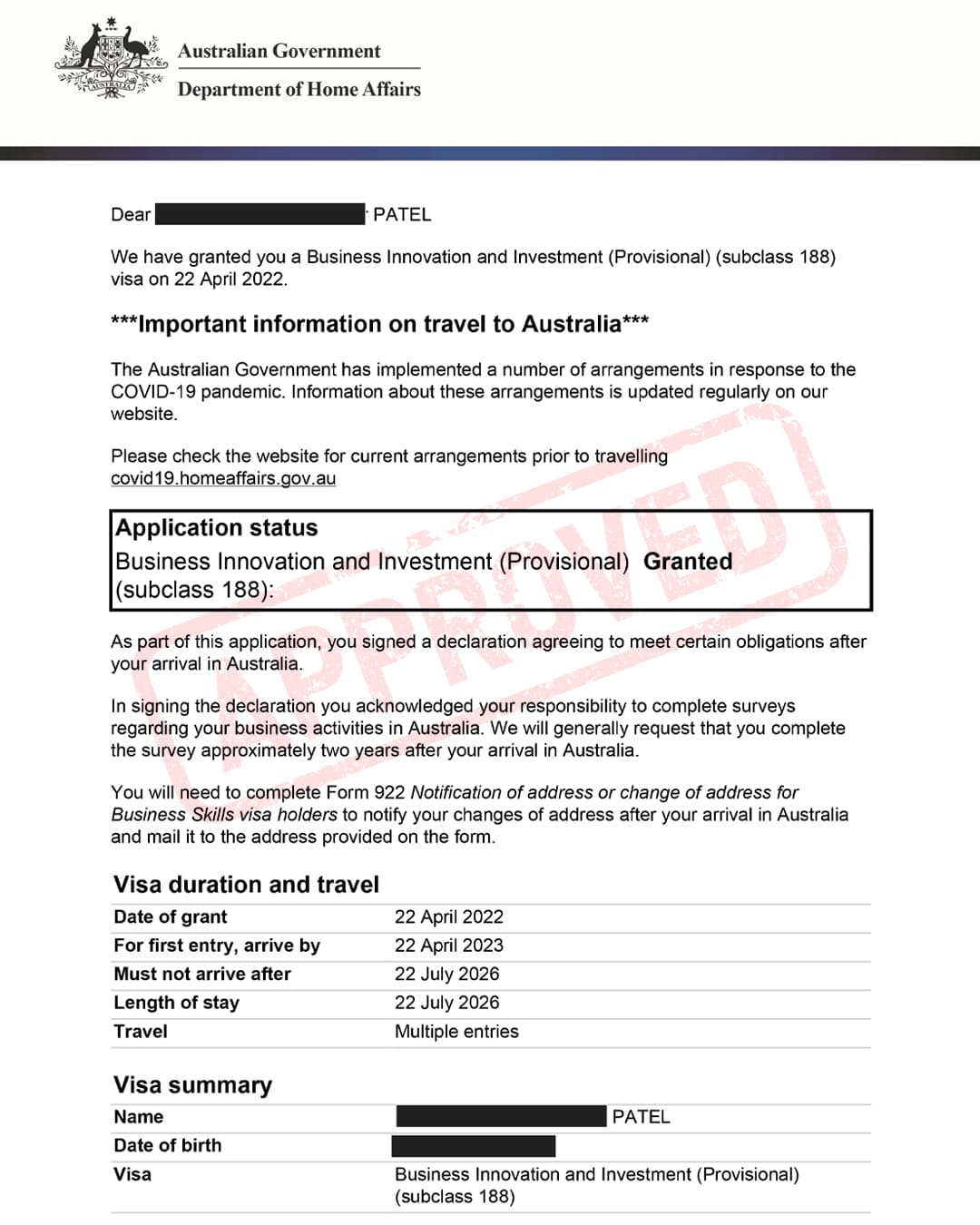 Australia Visa Grant Letter